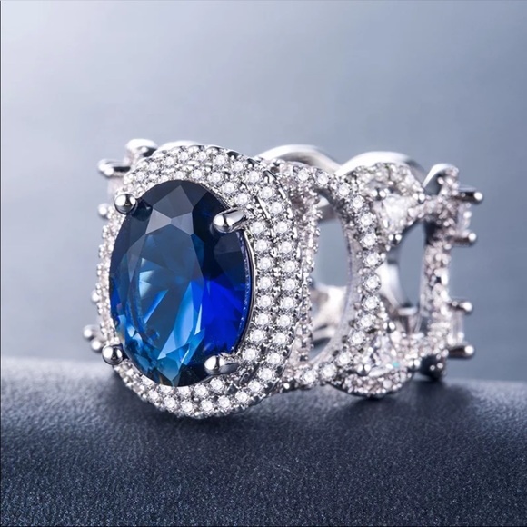 New Women’s Luxury 925 Silver Sapphire Big Ring - Picture 3 of 3